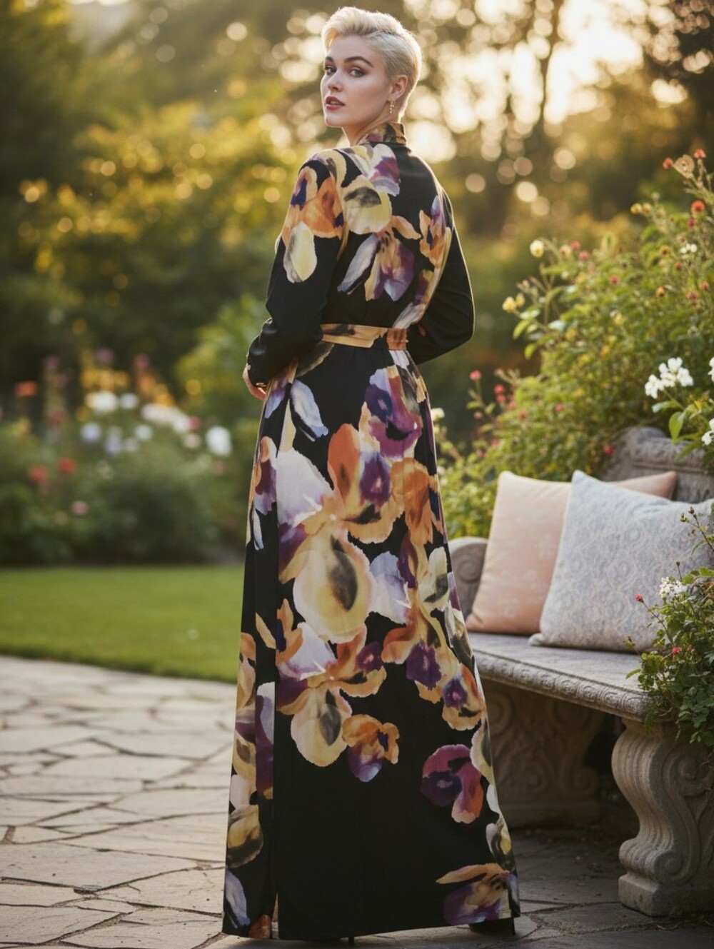 NWT Chico's Black Maxi Dress with Yellow & Purple Floral Print Size 3 (L)